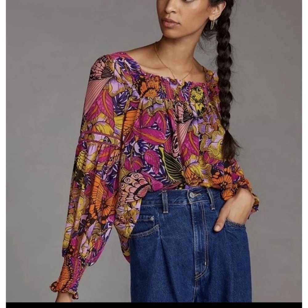 Anthropologie Alexandra Farmer Floral Butterfly Puff Sleeve Blouse Sz XL